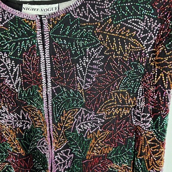Night Vogue Vintage Silk Fall Leaf Beaded Jacket Cardigan Black Orange Green XL - Picture 2 of 16
